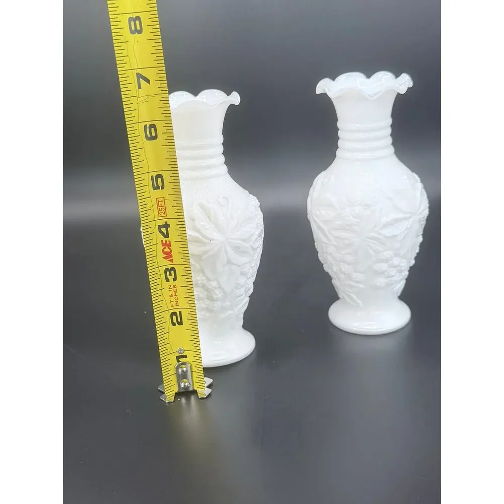 Pair Vintage Imperial Loganberry White Milk Glass Vases 6.25 Inch Ruffled